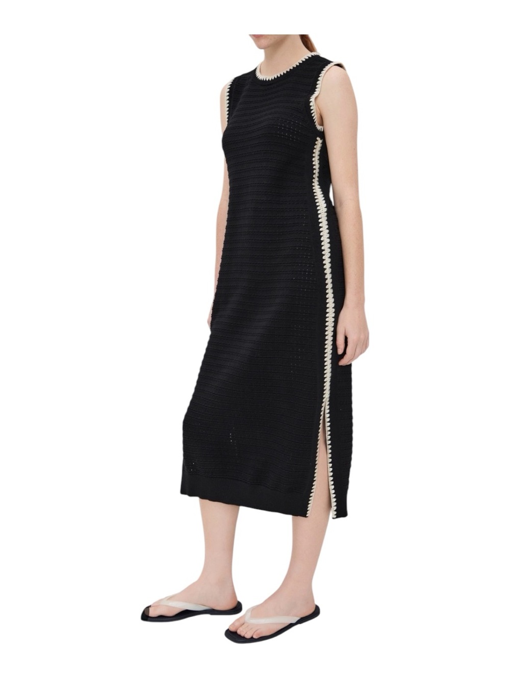 Varley Dwight Tank Knit Dress Size M Black Scalloped Side Slit Cotton